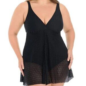 NWT Swim Solutions Women's Tummy-Control Flyaway Swimdress, Size 16 Black